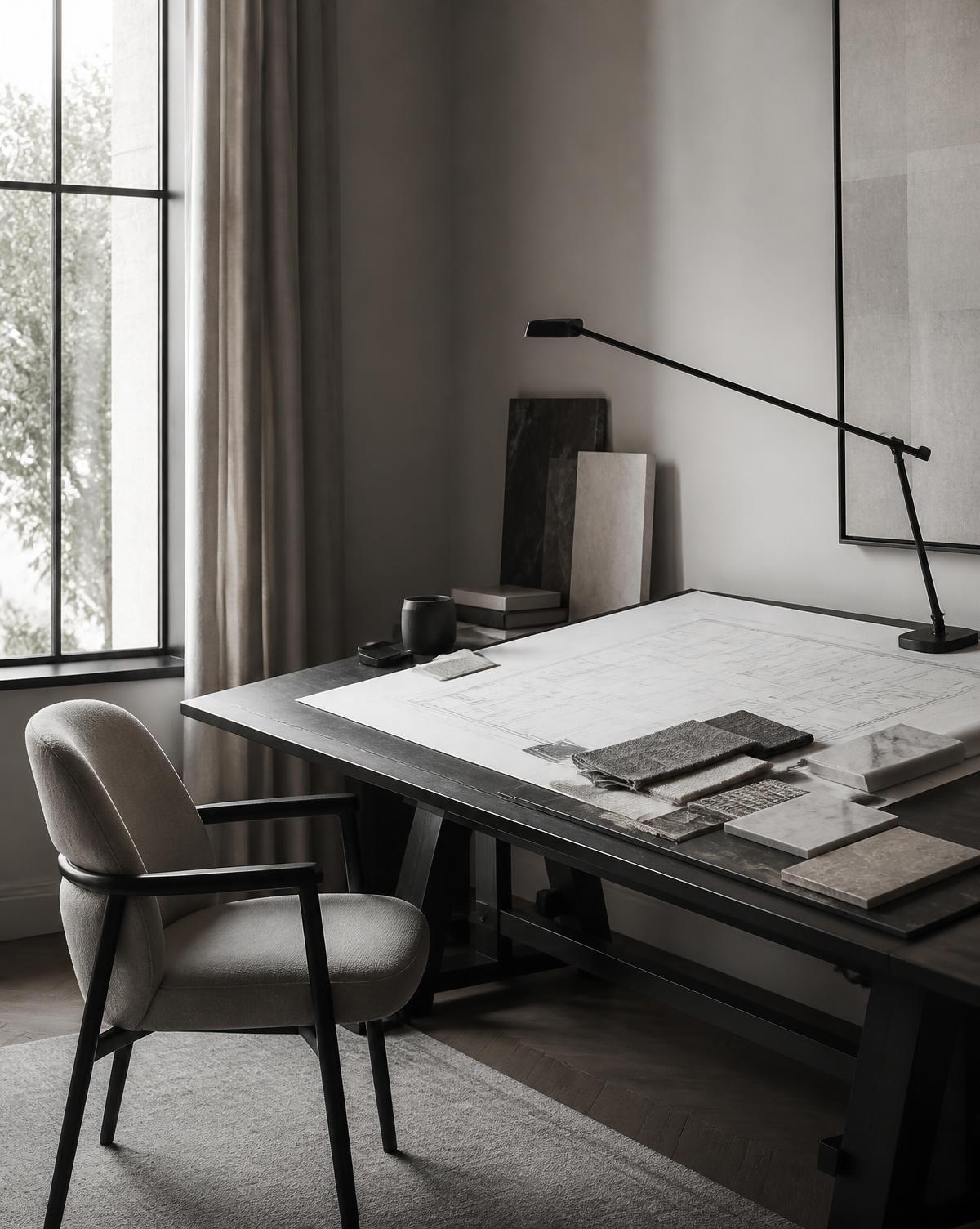 Studio drafting table with floor plans, material samples and a task lamp