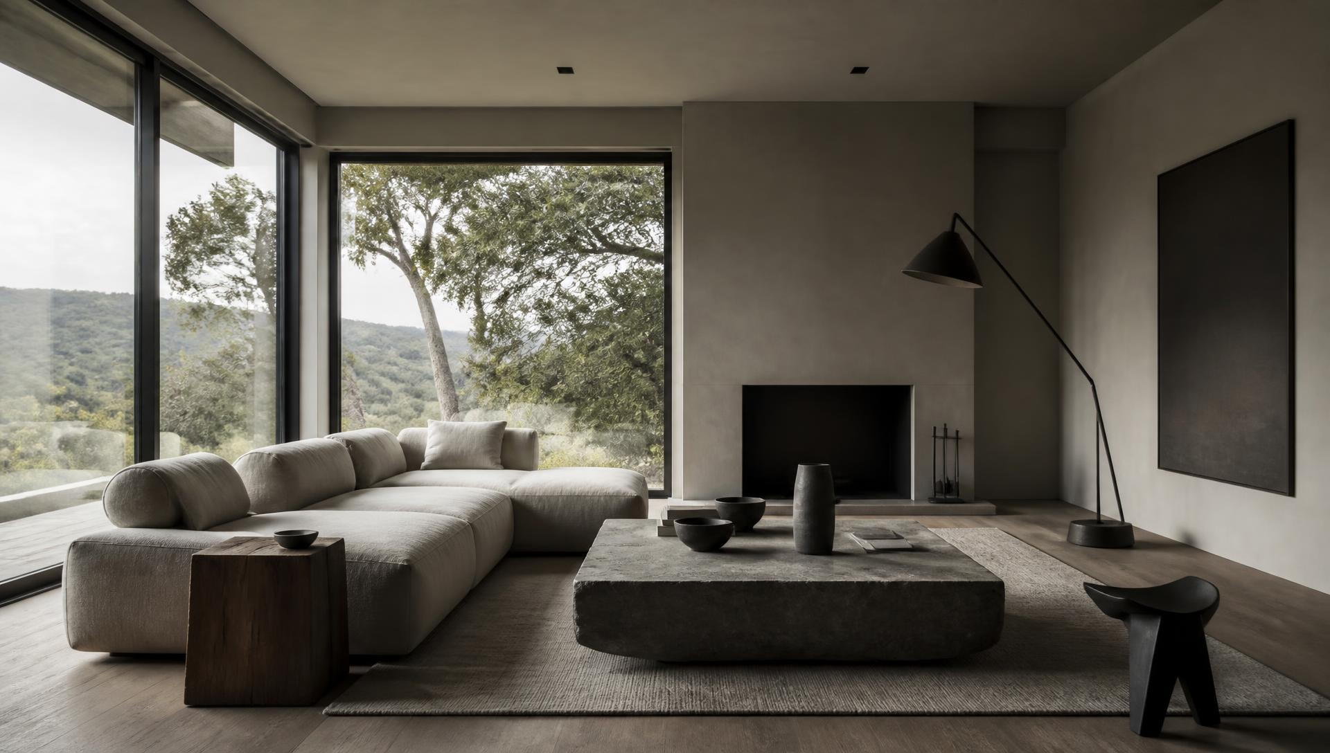 Calm, light-filled Bay Area living room with plaster walls and linen upholstery