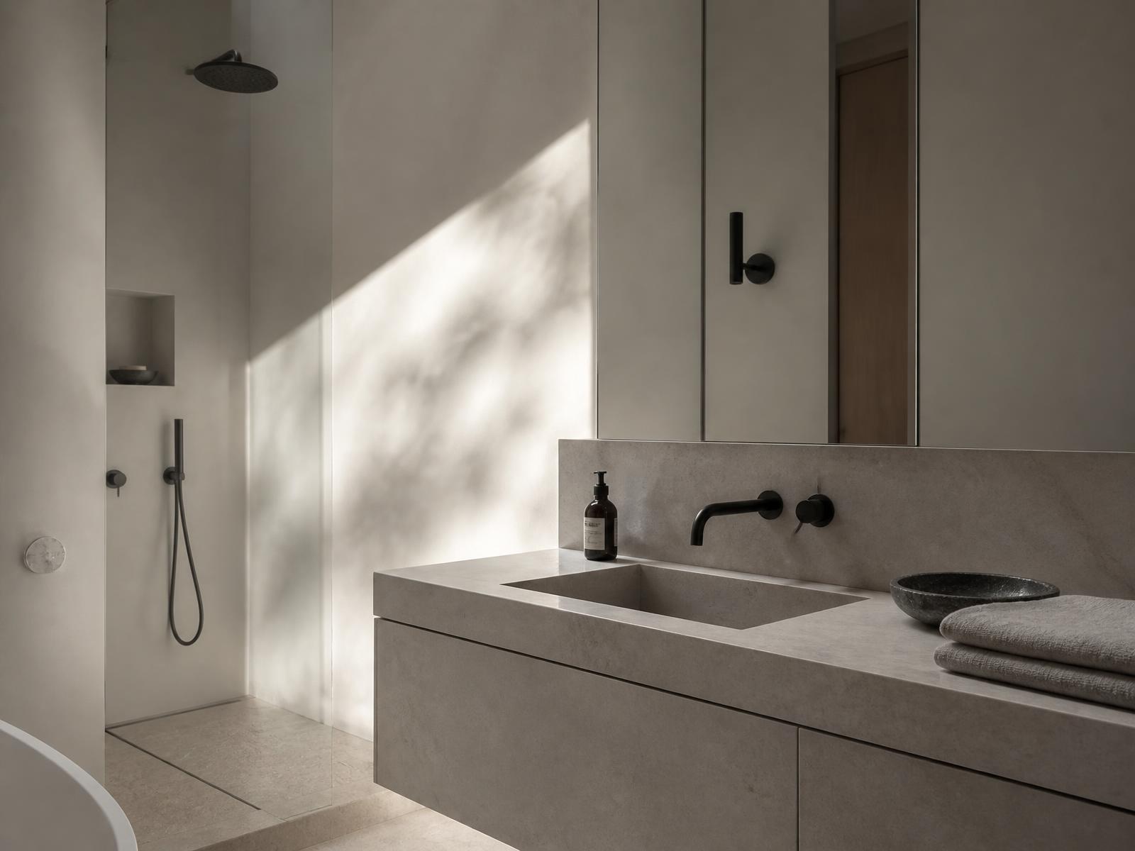 Calm bathroom with a limestone vanity, plaster walls and a frameless glass shower